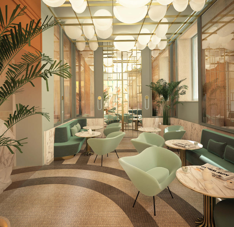 LES 25 MEILLEURS ARCHITECTES D'INTÉRIEUR DE FRANCE. Salle de restaurant moderne aux tons verts et table en marbre